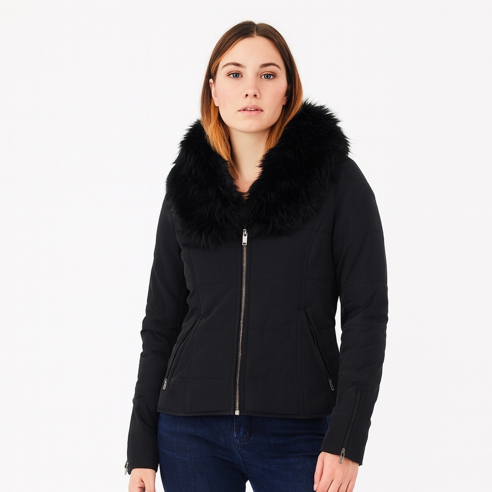 Ann Taylor Women's S Black Zipper Puffer Winter Coat. Faux Fur Collar